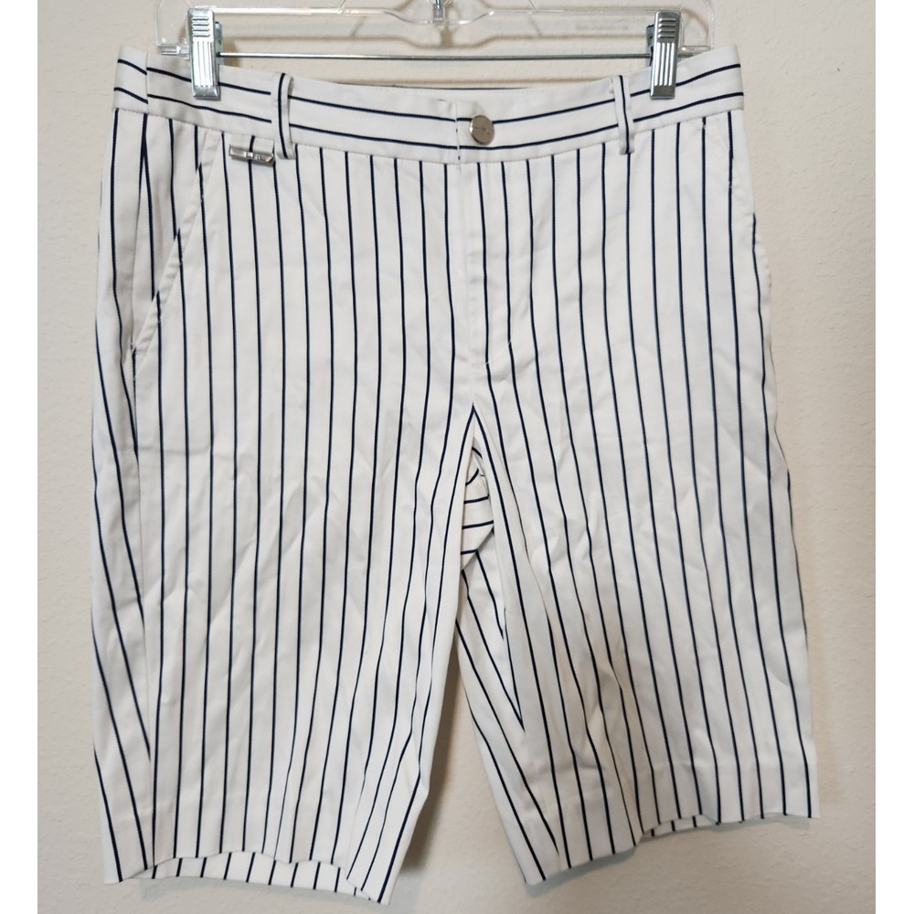 L-RL‎ Ralph Lauren Active White Black Stripe Bermuda Shorts 11.5" Inseam Sz 4